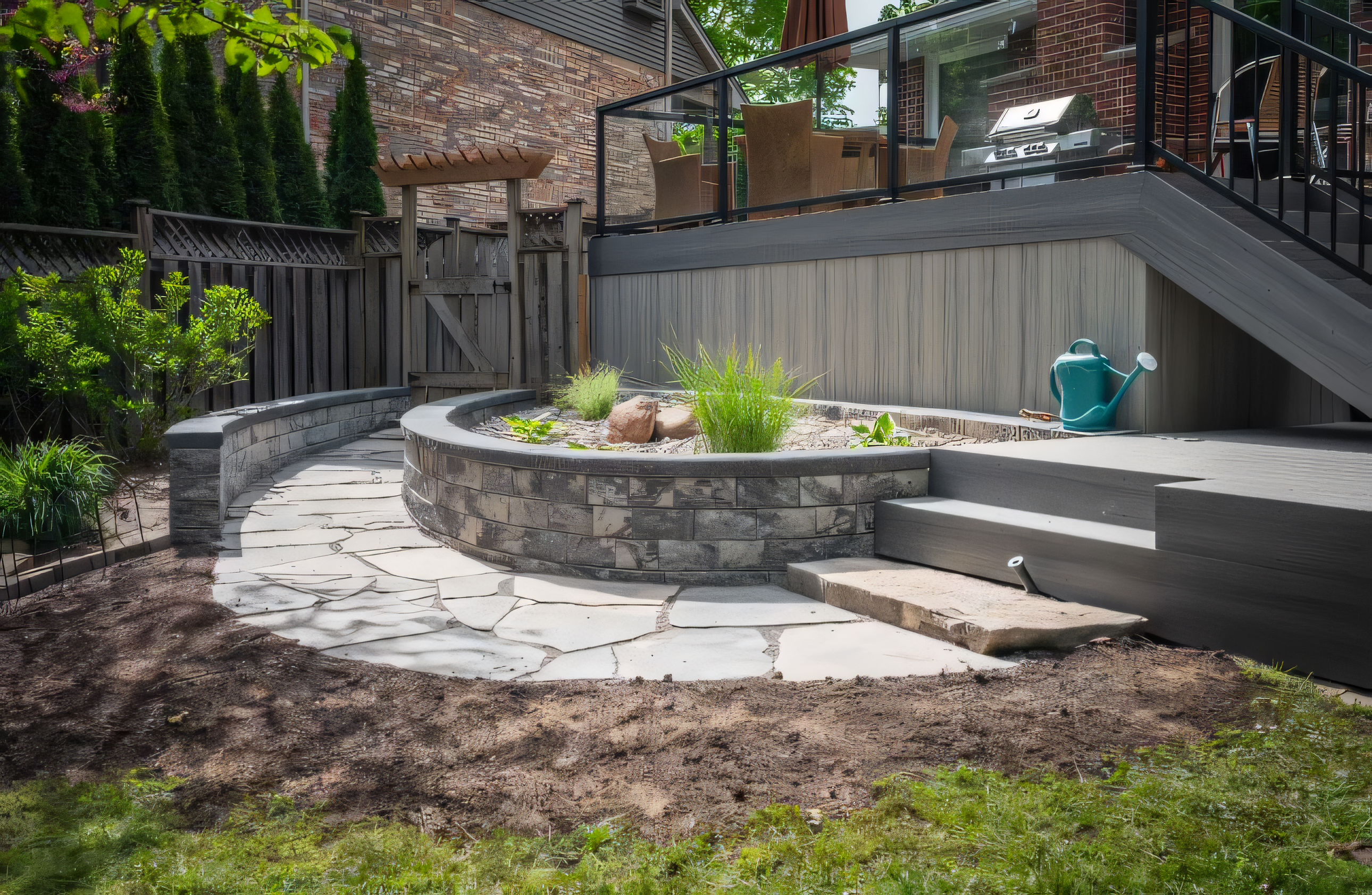 Completed backyard stone patio and landscape installation by Brothers Landscaping