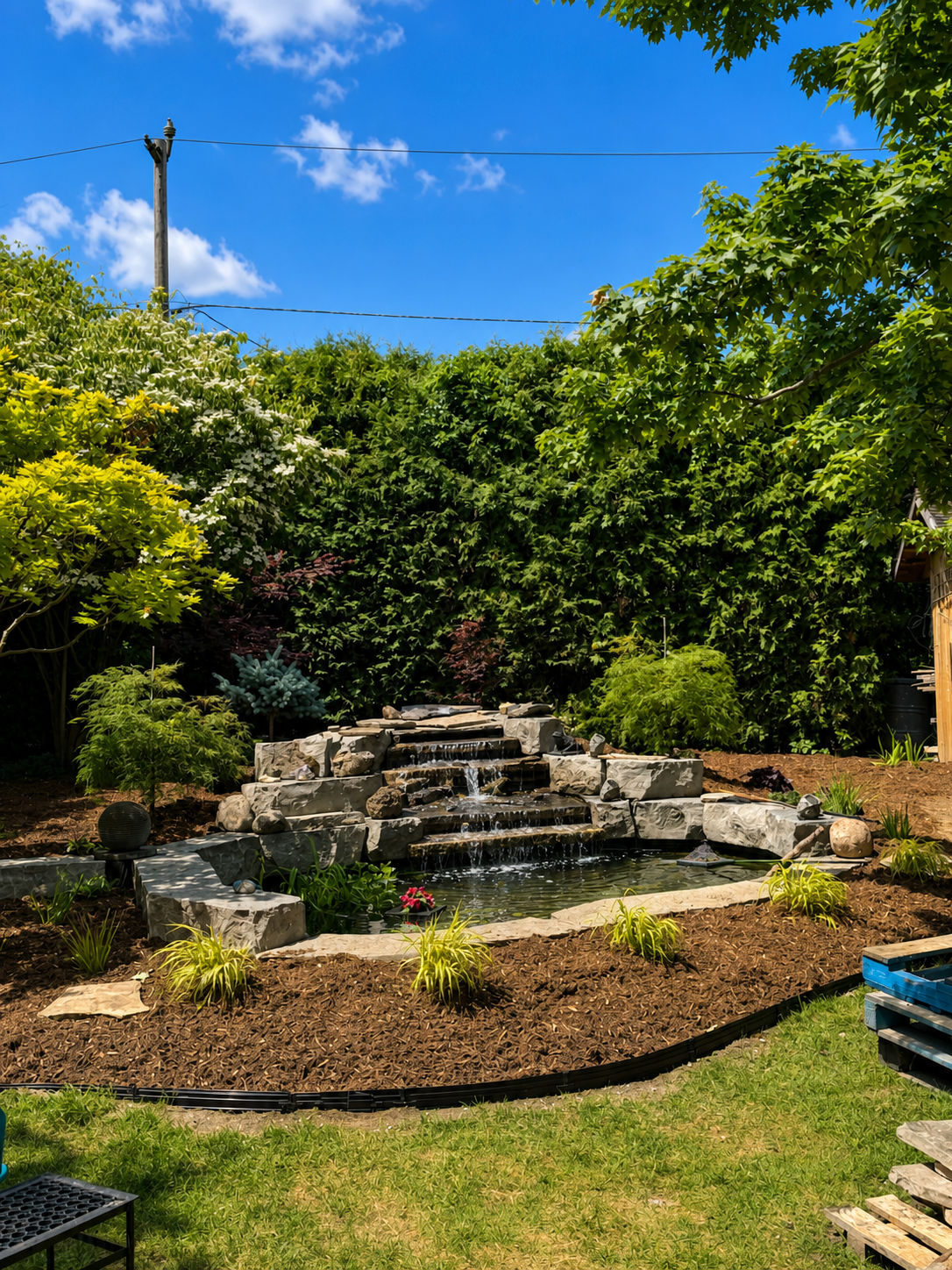 Backyard pond and waterfall landscape design by Brothers Landscaping in London Ontario